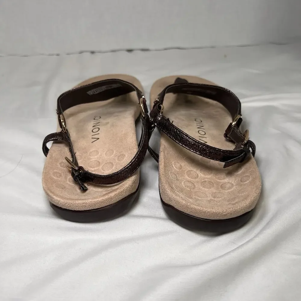 Vionic Kirra Sandals Womens Size 9 Bronze Metallic T-Strap Orthotic Arch Support
